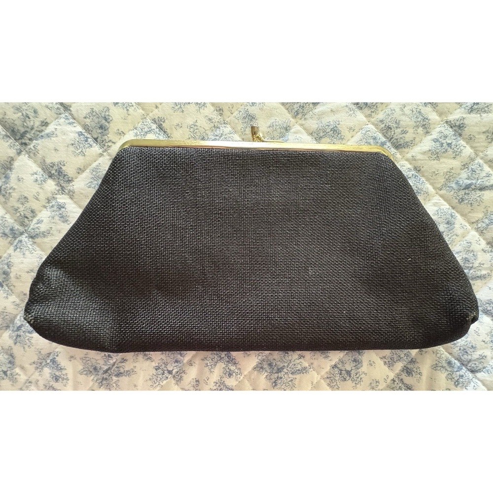 VTG HL USA Black Woven Fabric Clutch W/ Chain Strap Kiss Lock  Closure 10"x6"